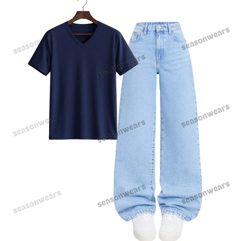 V-Neck Tee With Iceblue Wide Leg Jeans