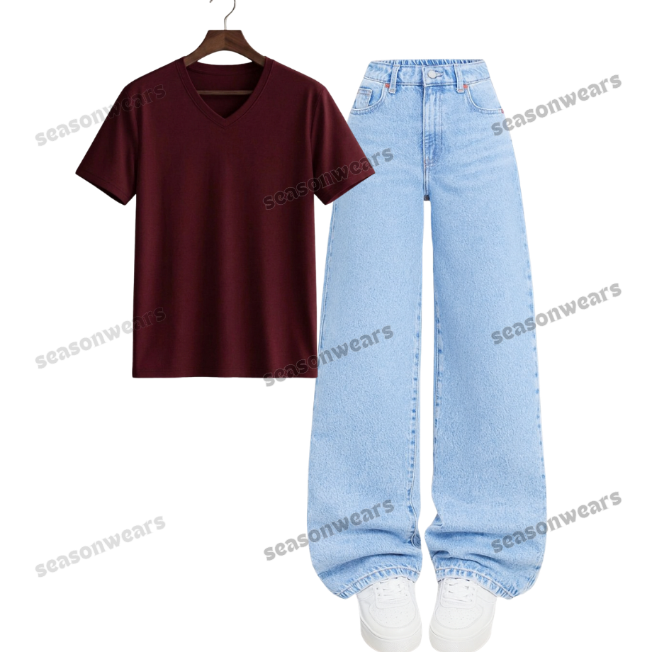 V-Neck Tee With Iceblue Wide Leg Jeans