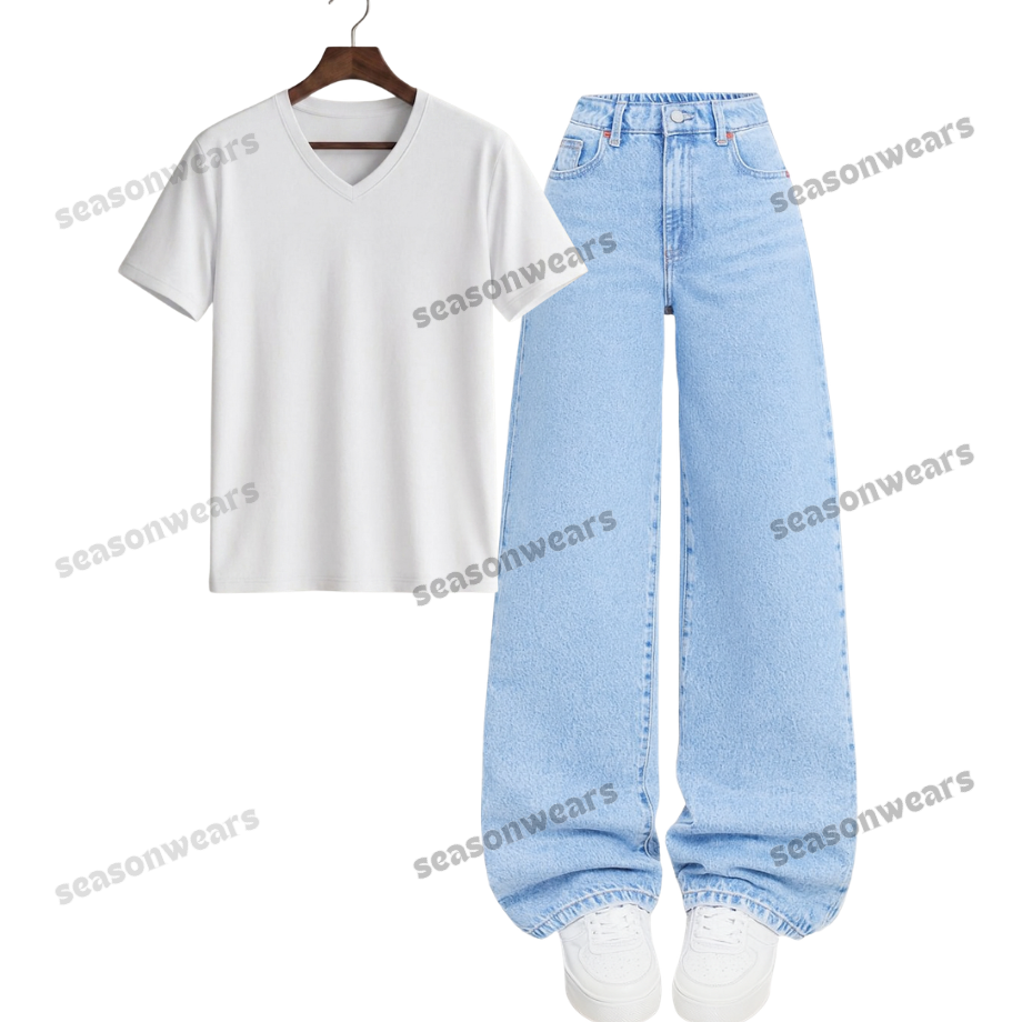 V-Neck Tee With Iceblue Wide Leg Jeans