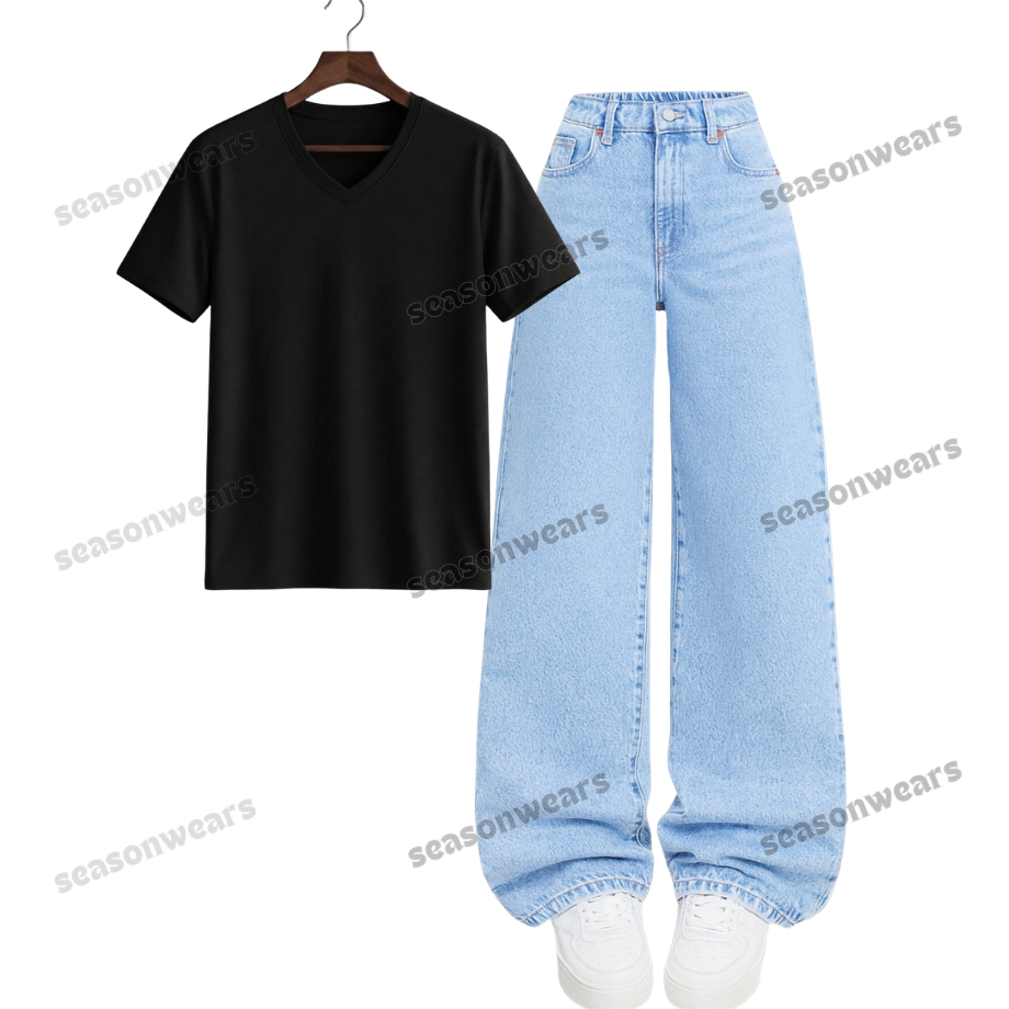 V-Neck Tee With Iceblue Wide Leg Jeans