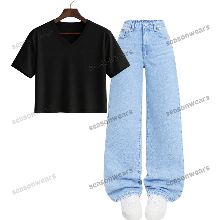 Crop V-Neck Tee With Iceblue Wide Leg Jeans
