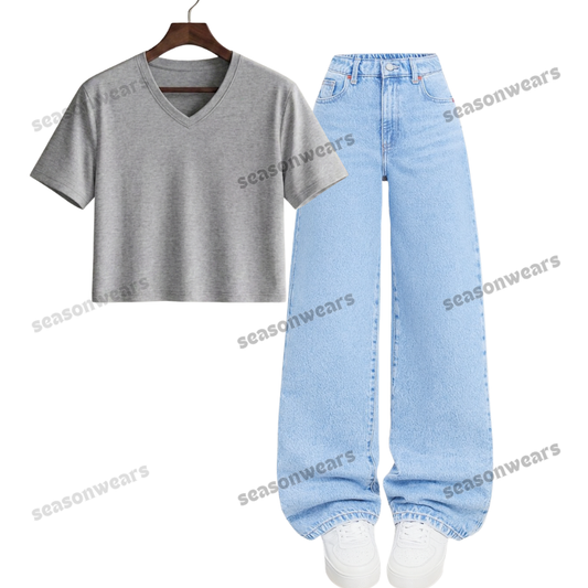 Crop V-Neck Tee With Iceblue Wide Leg Jeans