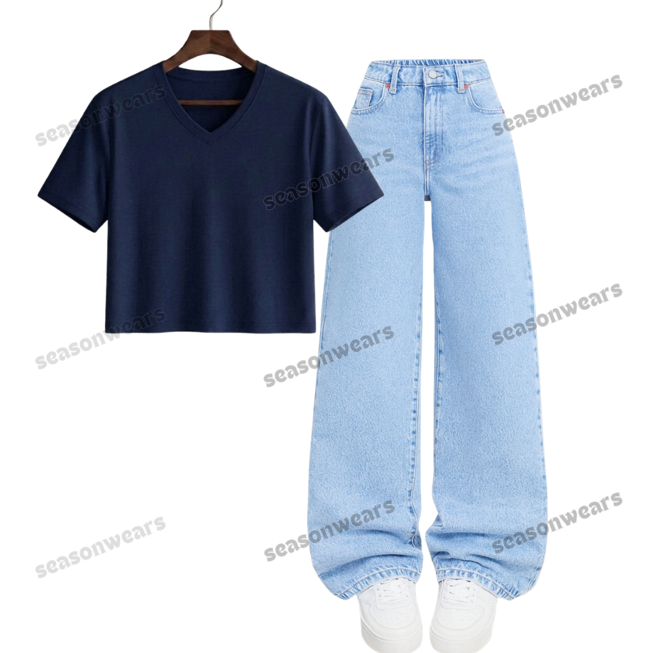 Crop V-Neck Tee With Iceblue Wide Leg Jeans