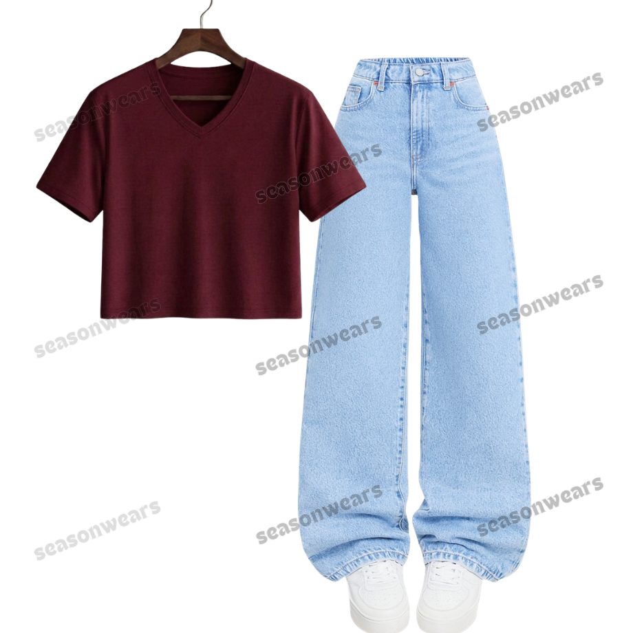 Crop V-Neck Tee With Iceblue Wide Leg Jeans