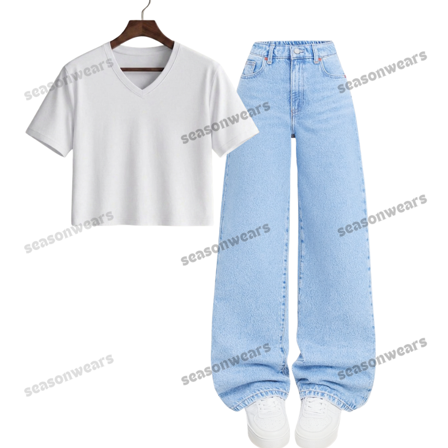 Crop V-Neck Tee With Iceblue Wide Leg Jeans