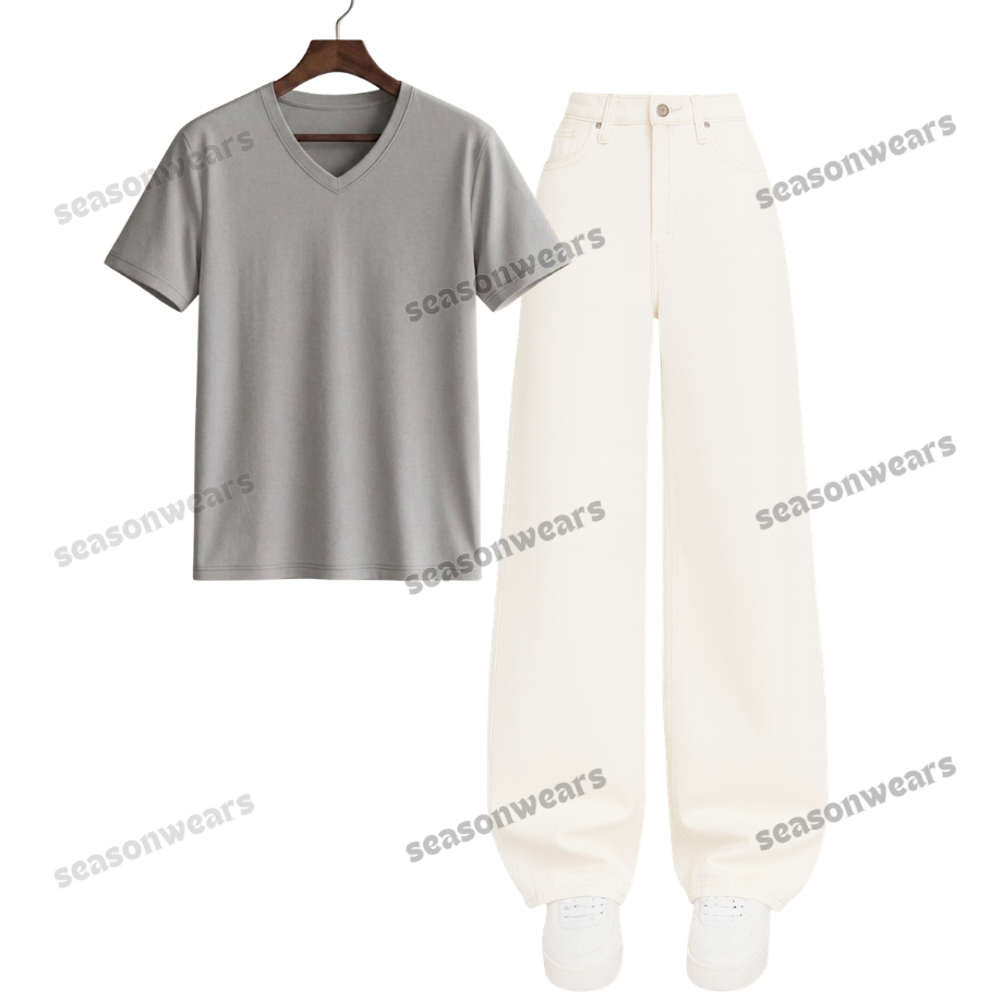 V-Neck Tee With White Wide Leg Jeans