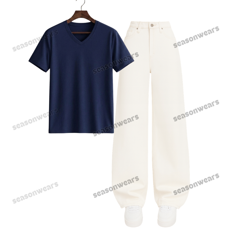 V-Neck Tee With White Wide Leg Jeans