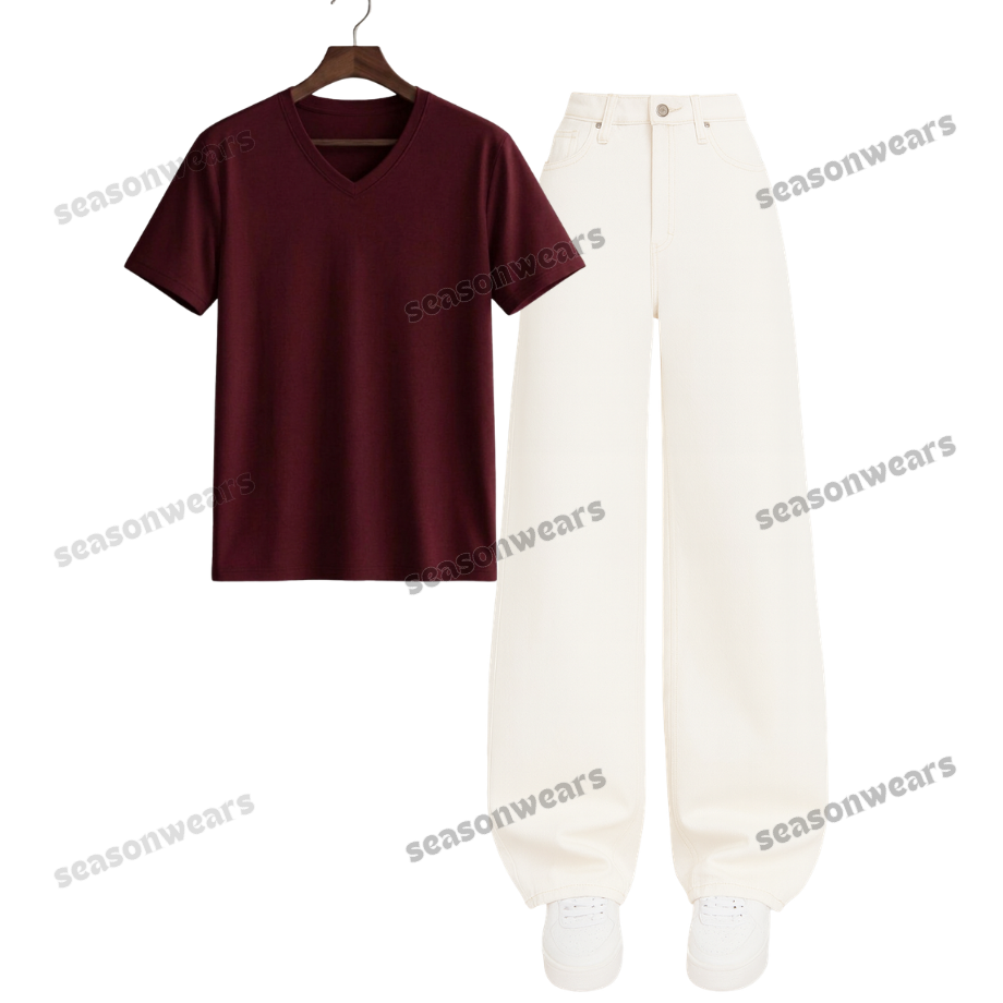 V-Neck Tee With White Wide Leg Jeans