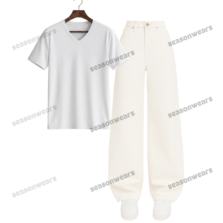 V-Neck Tee With White Wide Leg Jeans