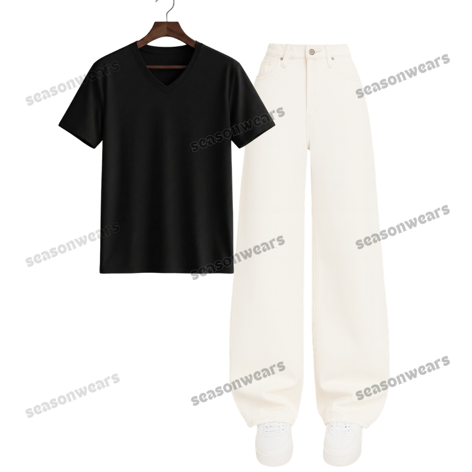 V-Neck Tee With White Wide Leg Jeans