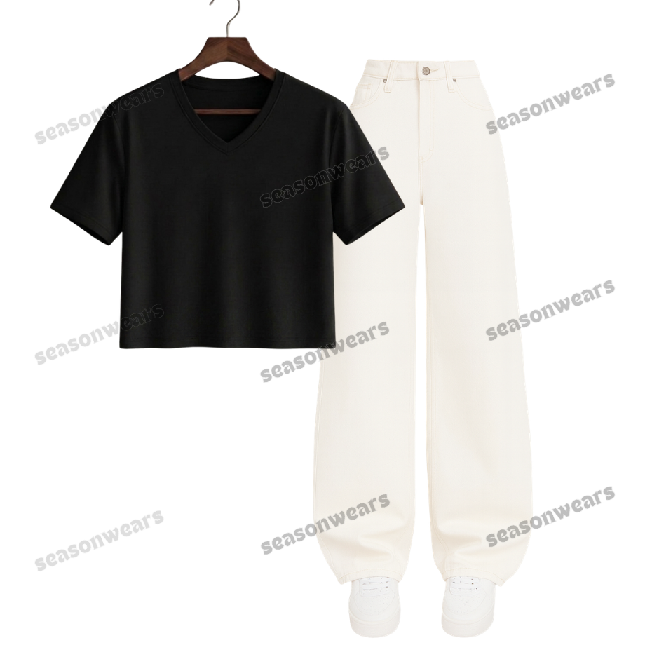 Crop V-Neck Tee With White Wide Leg Jeans