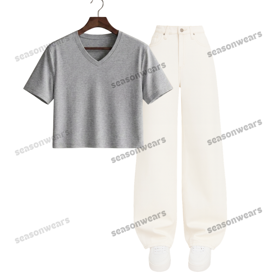 Crop V-Neck Tee With White Wide Leg Jeans