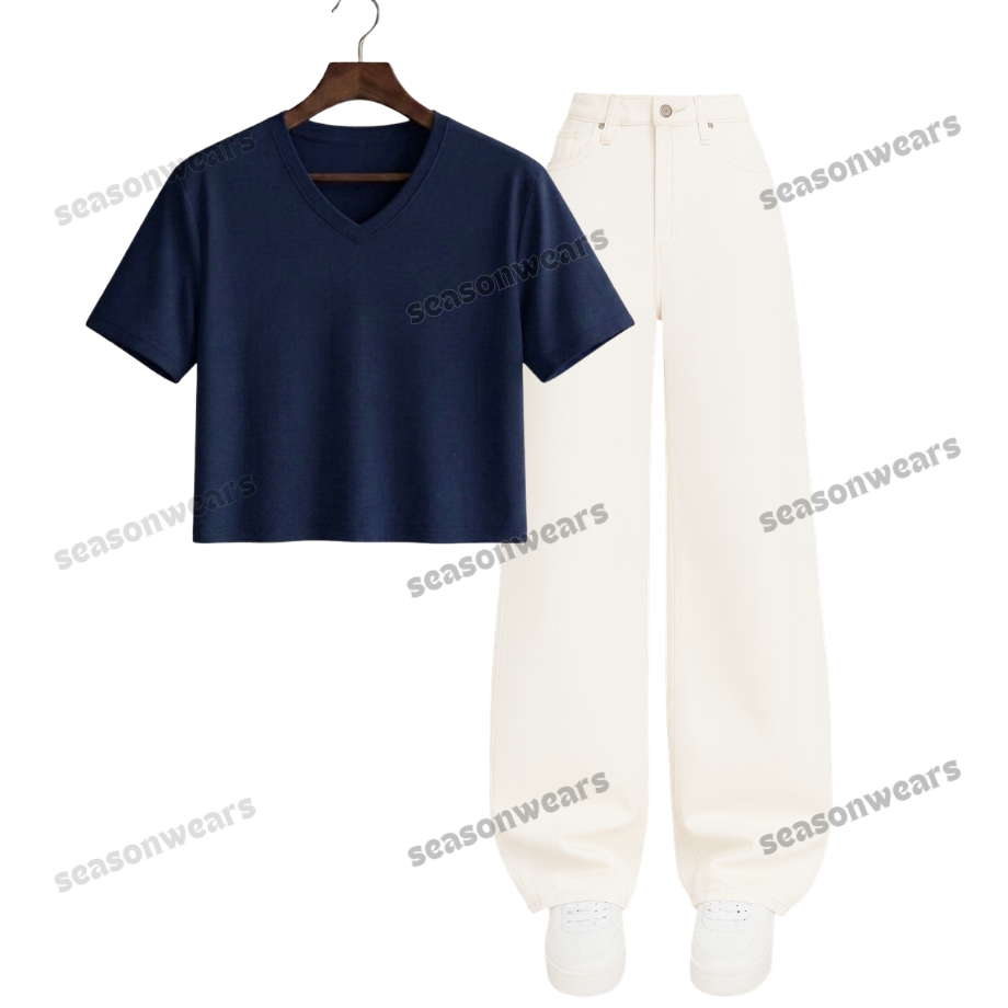 Crop V-Neck Tee With White Wide Leg Jeans
