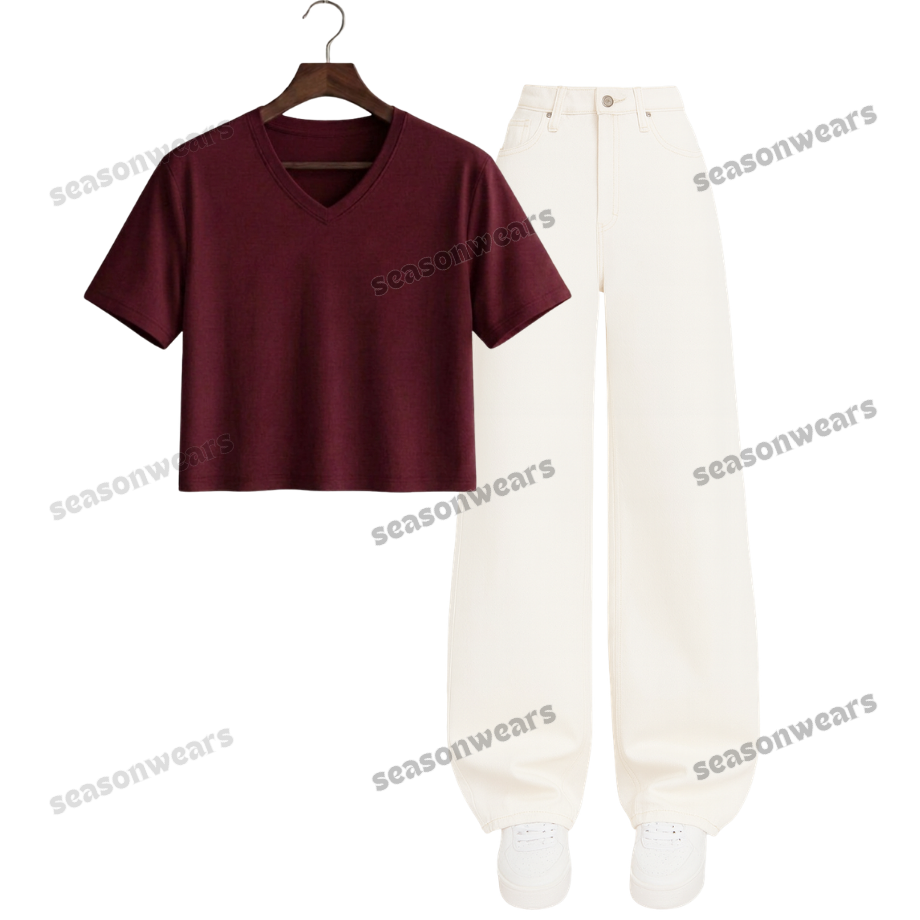 Crop V-Neck Tee With White Wide Leg Jeans