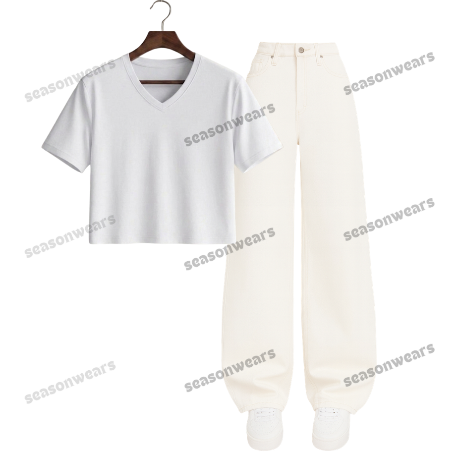 Crop V-Neck Tee With White Wide Leg Jeans