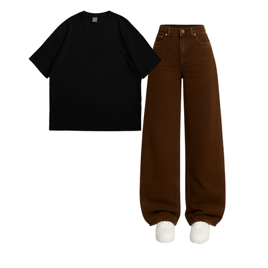 Oversized Drop Shoulder Tee With Brown Wide Leg Jeans