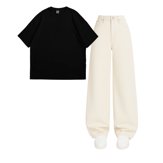 Oversized Drop Shoulder Tee With Beige Wide Leg Jeans