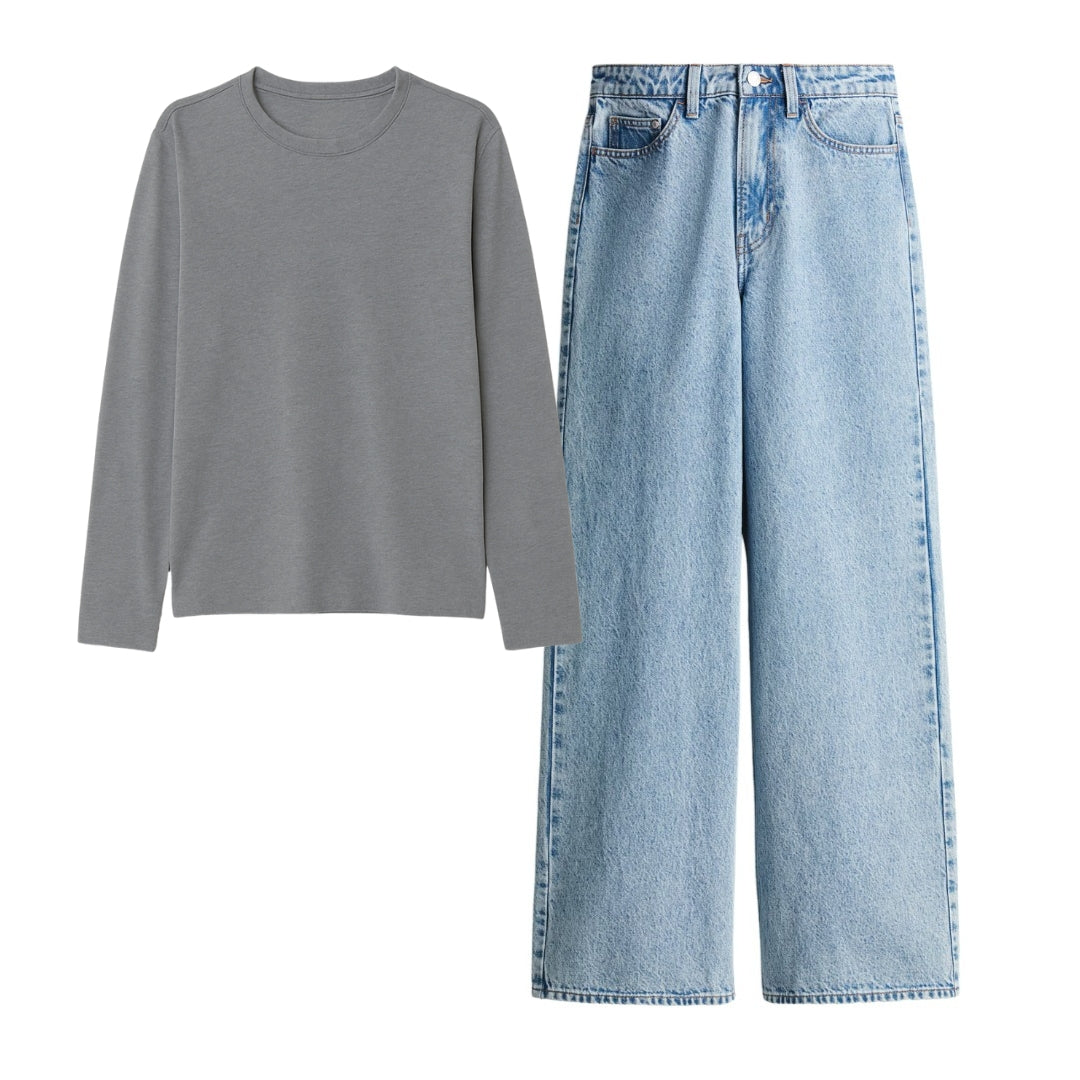 Steel Grey Full Sleeves T-Shirt With Ice Blue Jeans