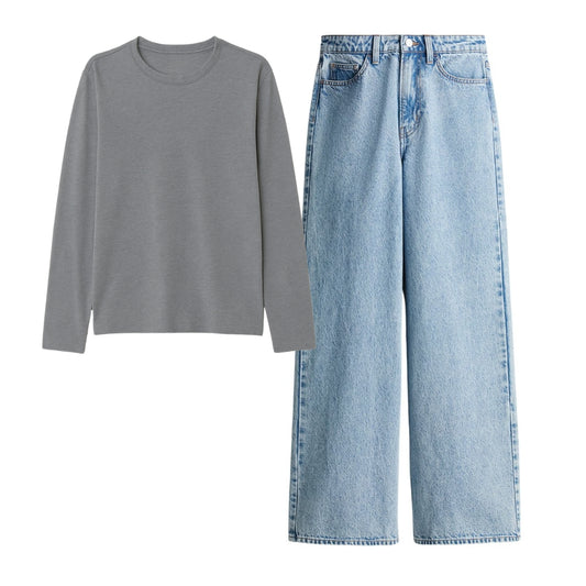 Steel Grey Full Sleeves T-Shirt With Ice Blue Jeans