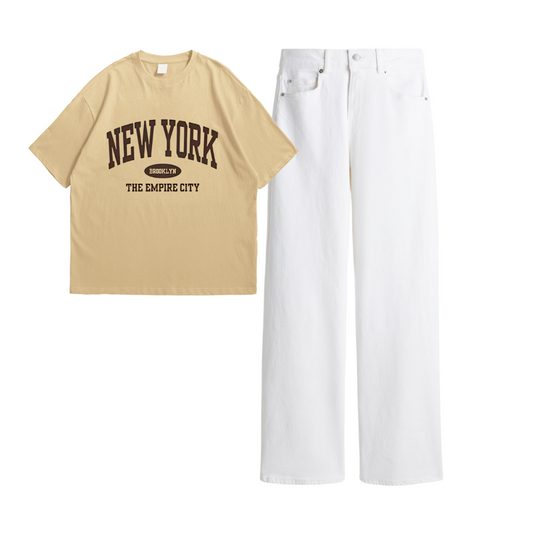 Wide Leg Jeans With Cream New York Oversized Tee