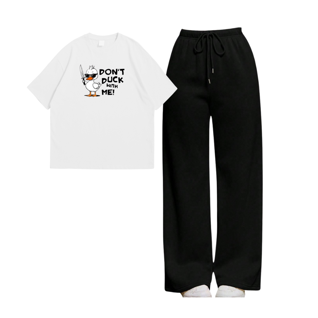 Don't Duck With Me Oversize Tee With Black Straight Leg Trouser