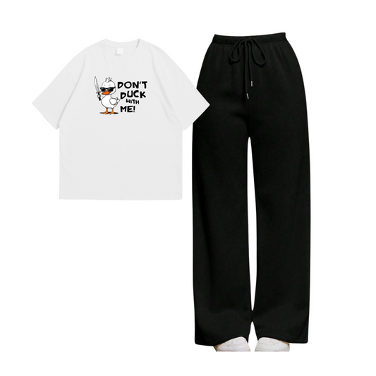 Don't Duck With Me Oversize Tee With Black Straight Leg Trouser