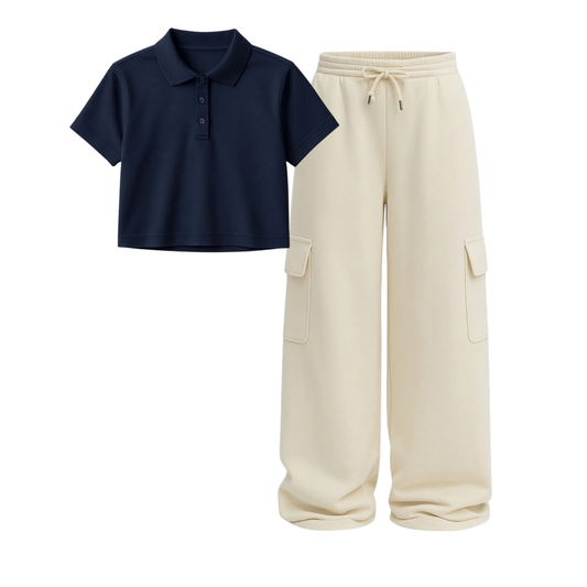 Crop Polo With Cream Wide Leg Cargo