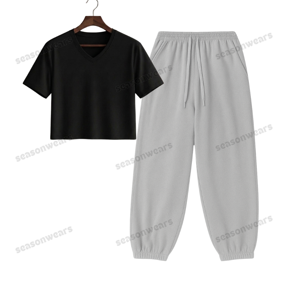 Crop V-Neck Tee With Lightgrey Sweatpant