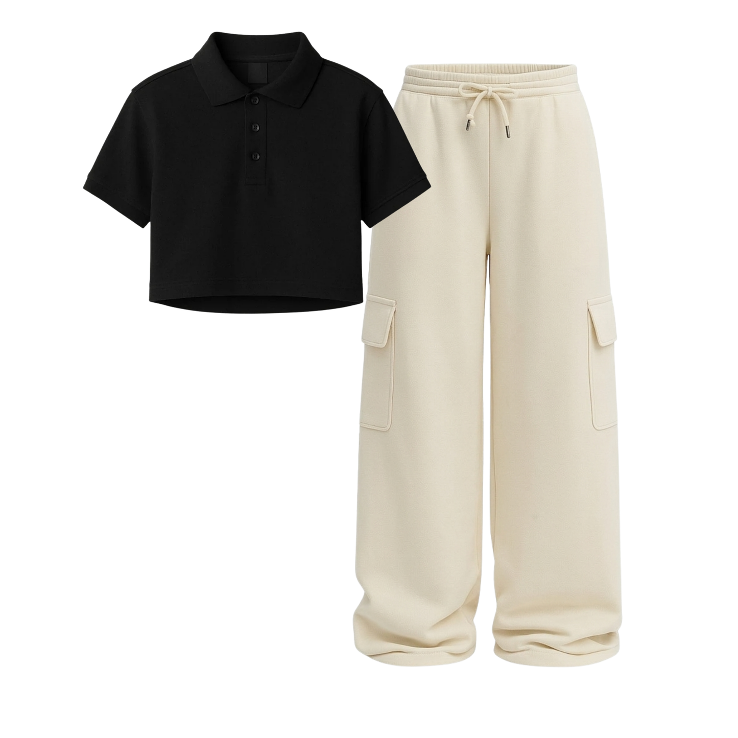 Crop Polo With Cream Wide Leg Cargo