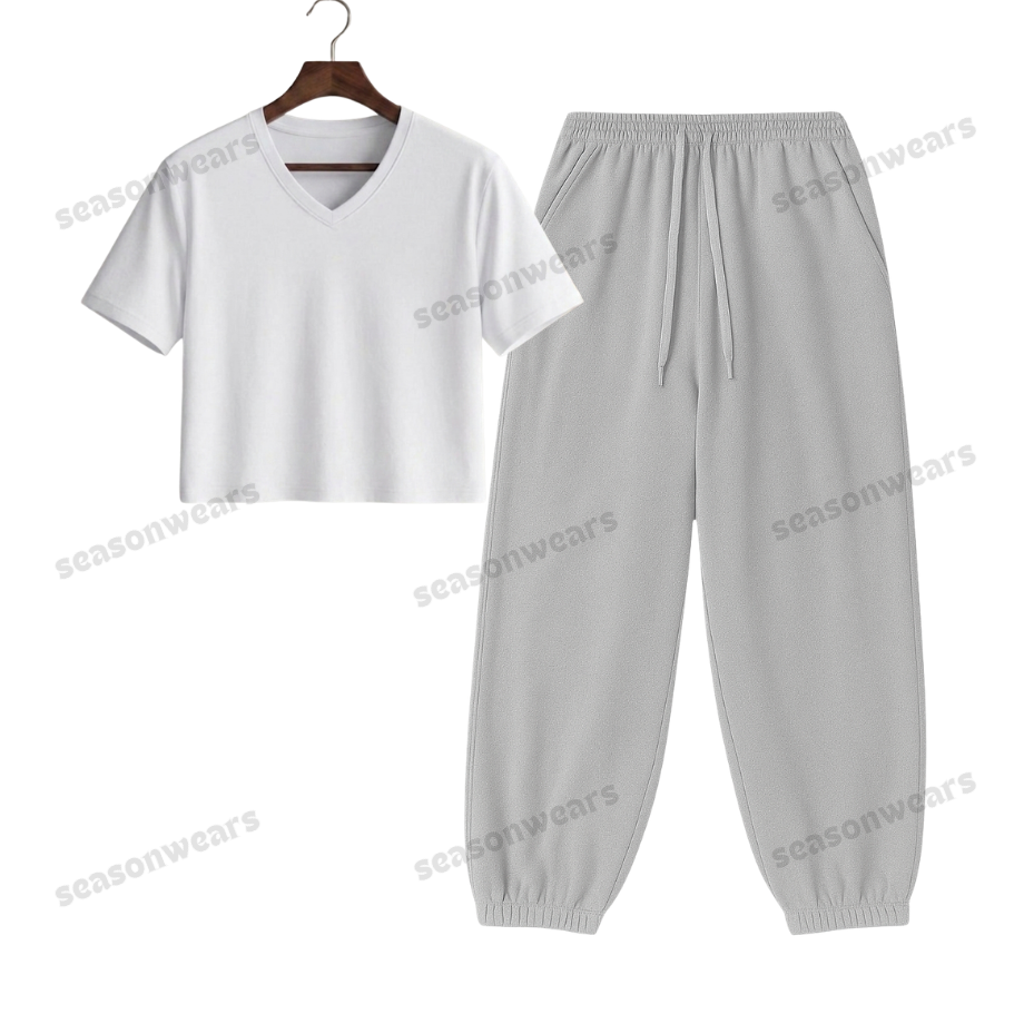 Crop V-Neck Tee With Lightgrey Sweatpant