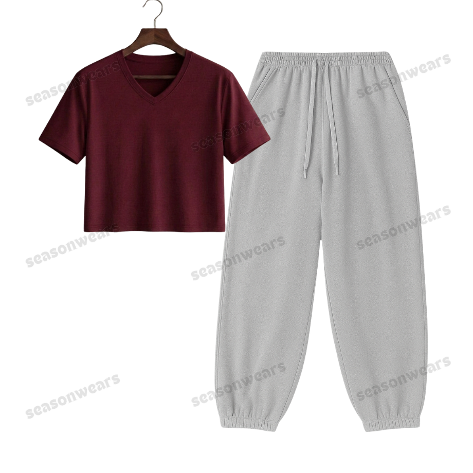 Crop V-Neck Tee With Lightgrey Sweatpant