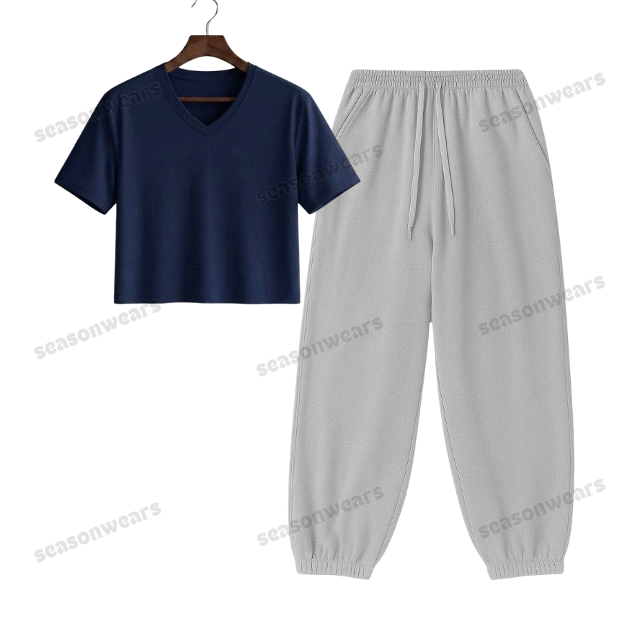 Crop V-Neck Tee With Lightgrey Sweatpant