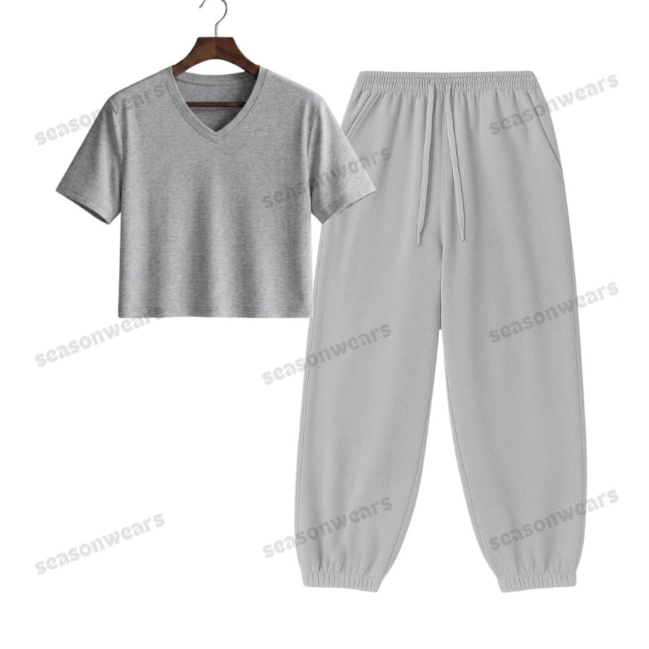 Crop V-Neck Tee With Lightgrey Sweatpant