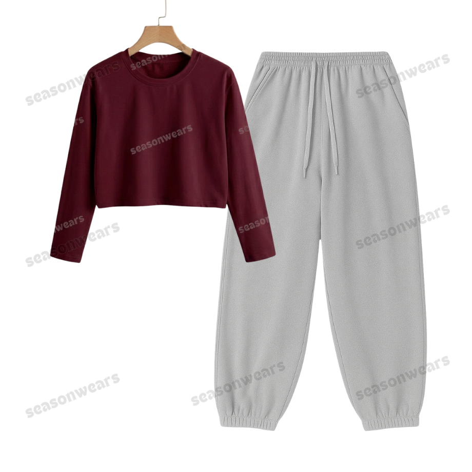 Crop Full Sleeves Tee With Lightgrey Sweatpant