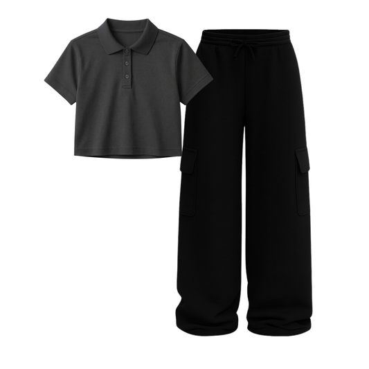 Crop Polo With Black Wide Leg Cargo