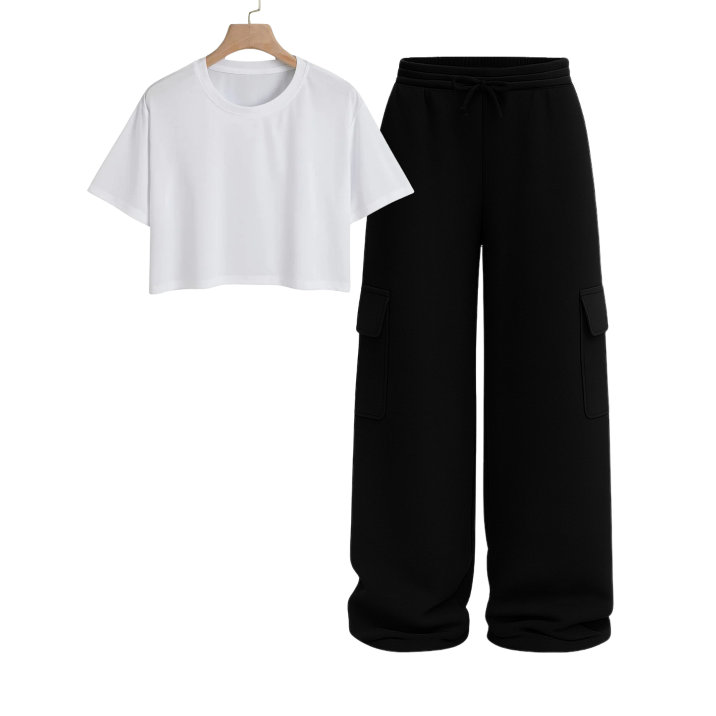 Crop Tee With Black Wide Leg Cargo