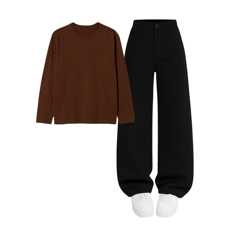 Full Sleeves Tee With Black Wide Leg Jeans