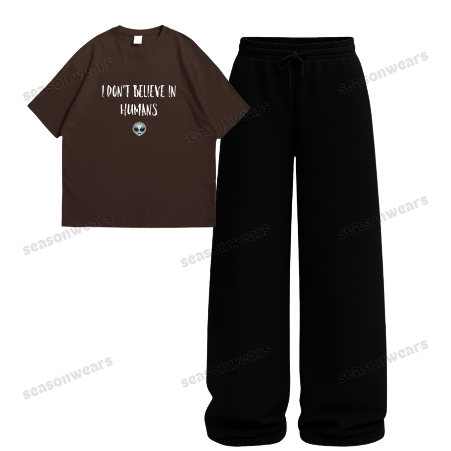 I Don't Believe In Human Oversize Tee With Black Straight Leg Trouser