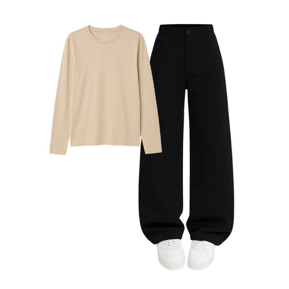 Full Sleeves Tee With Black Wide Leg Jeans