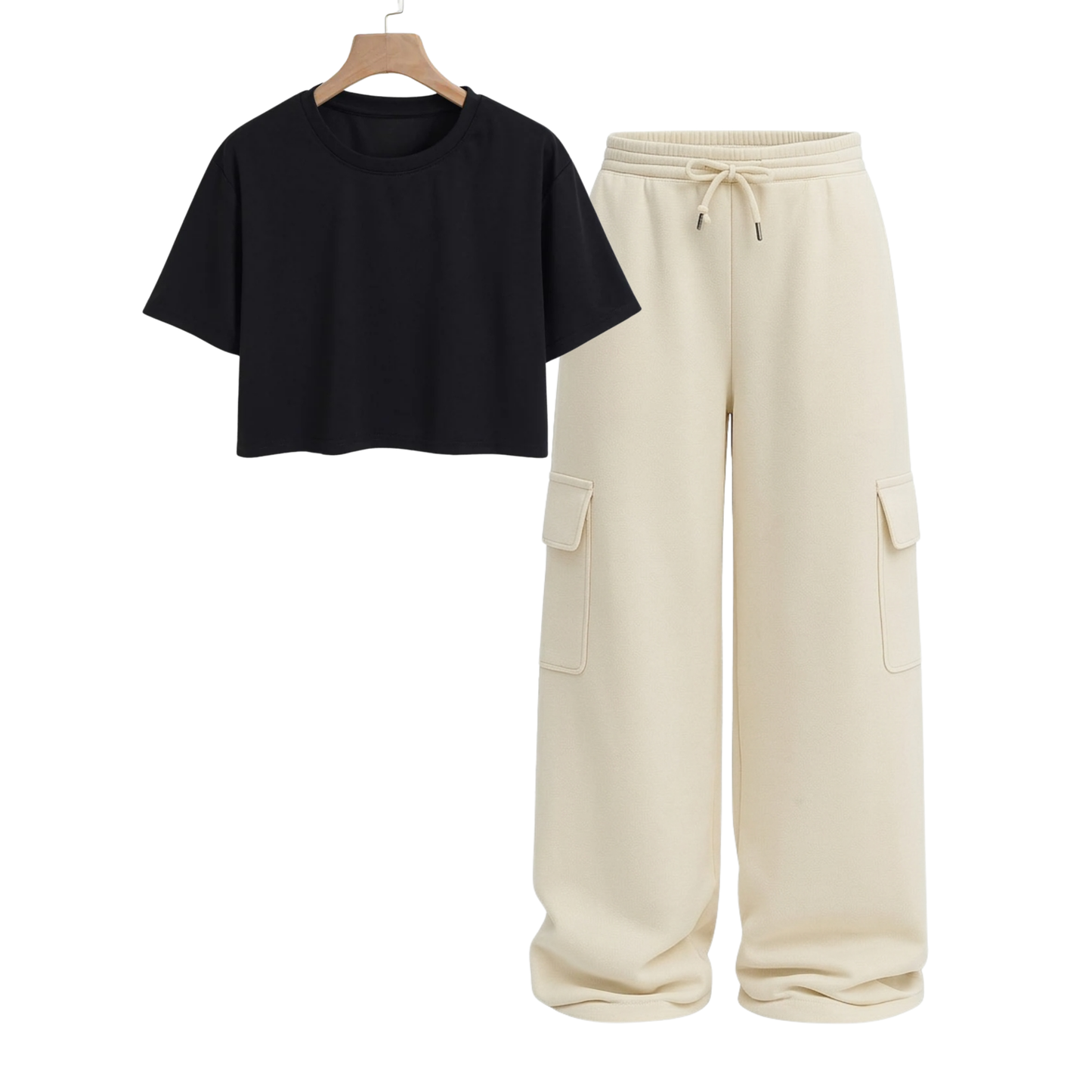 Crop Tee With Cream Wide Leg Cargo