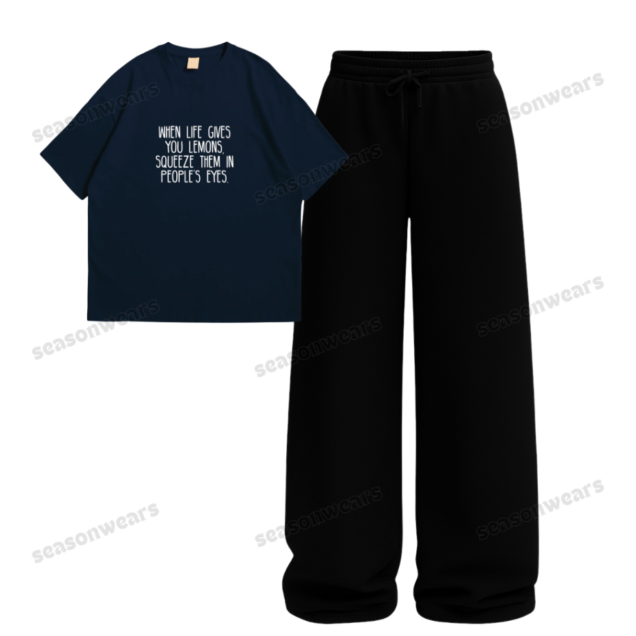 Squeeze Lemon In Others Eyes Oversize Tee With Black Straight Leg Trouser