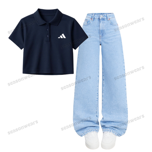 Navyblue Addidas Crop Polo With Wide Leg Jeans
