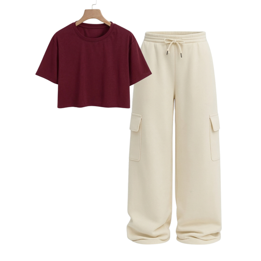 Crop Tee With Cream Wide Leg Cargo