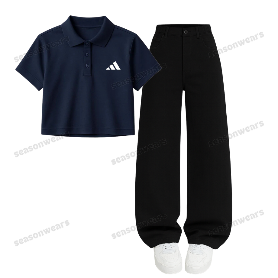 Navyblue Addidas Crop Polo With Wide Leg Jeans