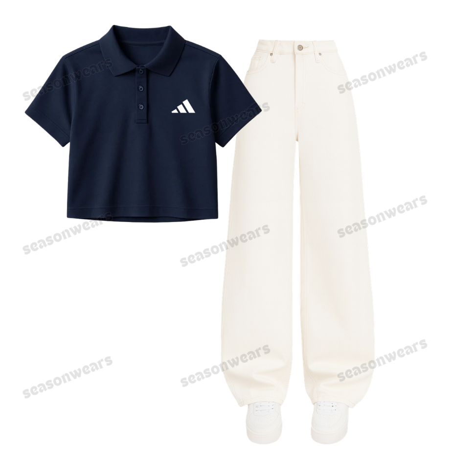 Navyblue Addidas Crop Polo With Wide Leg Jeans