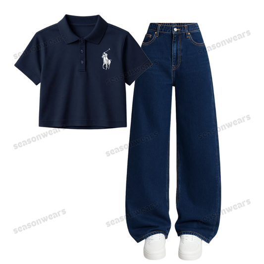 Navyblue Polo Print Crop Polo With Wide Leg Jeans
