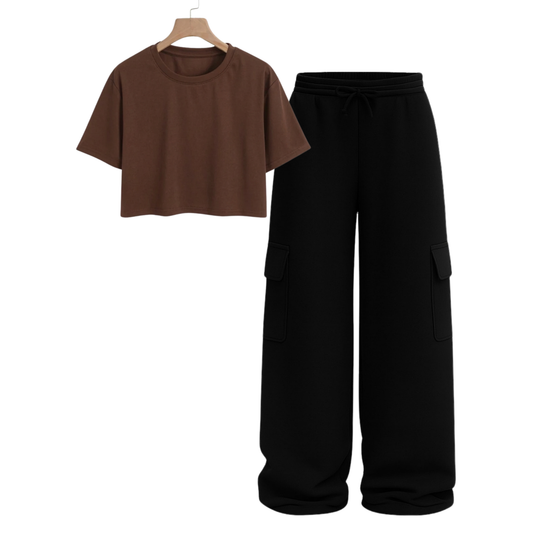 Crop Tee With Black Wide Leg Cargo