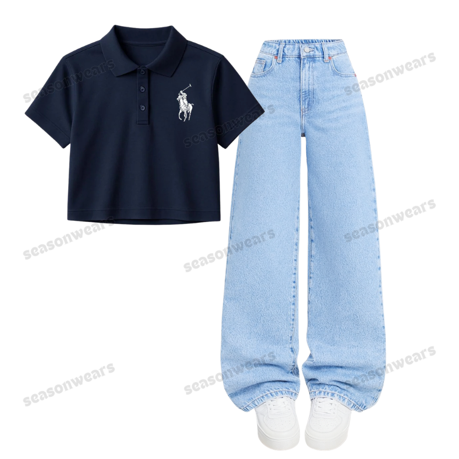 Navyblue Polo Print Crop Polo With Wide Leg Jeans