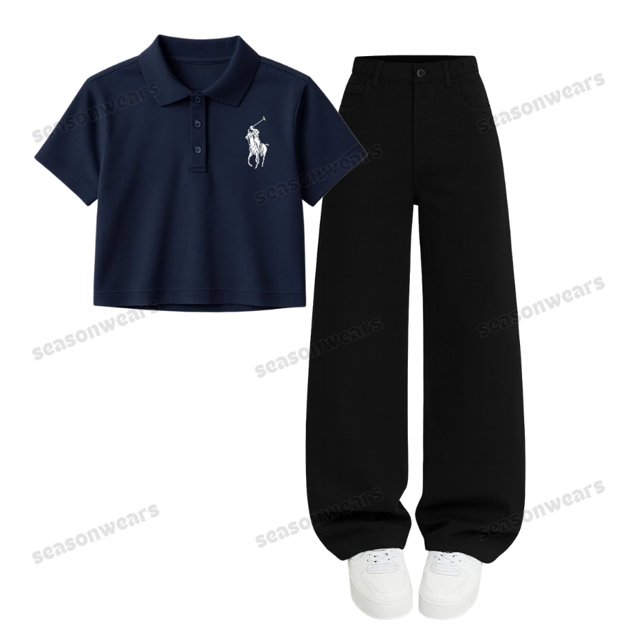 Navyblue Polo Print Crop Polo With Wide Leg Jeans