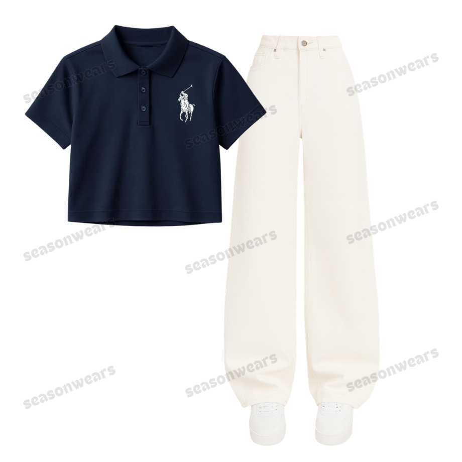 Navyblue Polo Print Crop Polo With Wide Leg Jeans